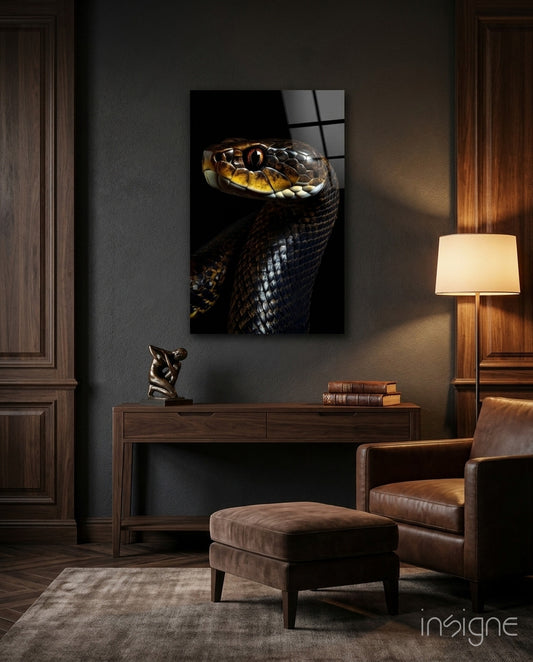 Golden-Eyed Black Snake Glass Wall Art || Designer Collection - Lifestyle preview in a designer interior