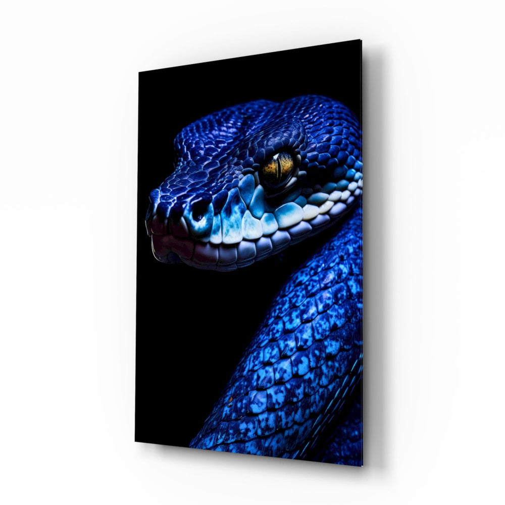 Blue Viper wildlife glass wall art in a modern study