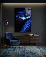 Eyes of the Blue Viper Glass Wall Art || Designer Collection - Lifestyle preview in a designer interior