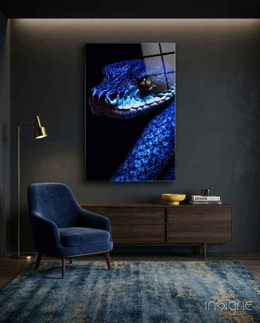 Eyes of the Blue Viper Glass Wall Art || Designer Collection - Lifestyle preview in a designer interior