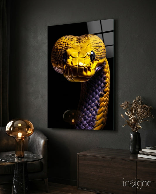 Golden Headed Snake Glass Wall Art || Designer Collection - Lifestyle preview in a designer interior