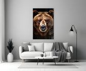 Close-up detail of the grizzly bear and amber eyes behind glass