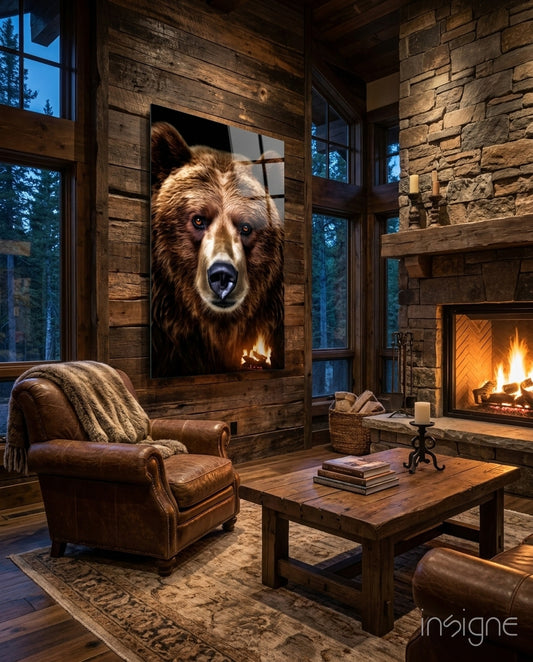 Bear, the Wise Man of the Forest Glass Wall Art || Designer Collection - Lifestyle preview in a designer interior