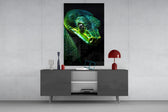 Emerald Green Viper glass wall art catching light to reveal its scale gleam
