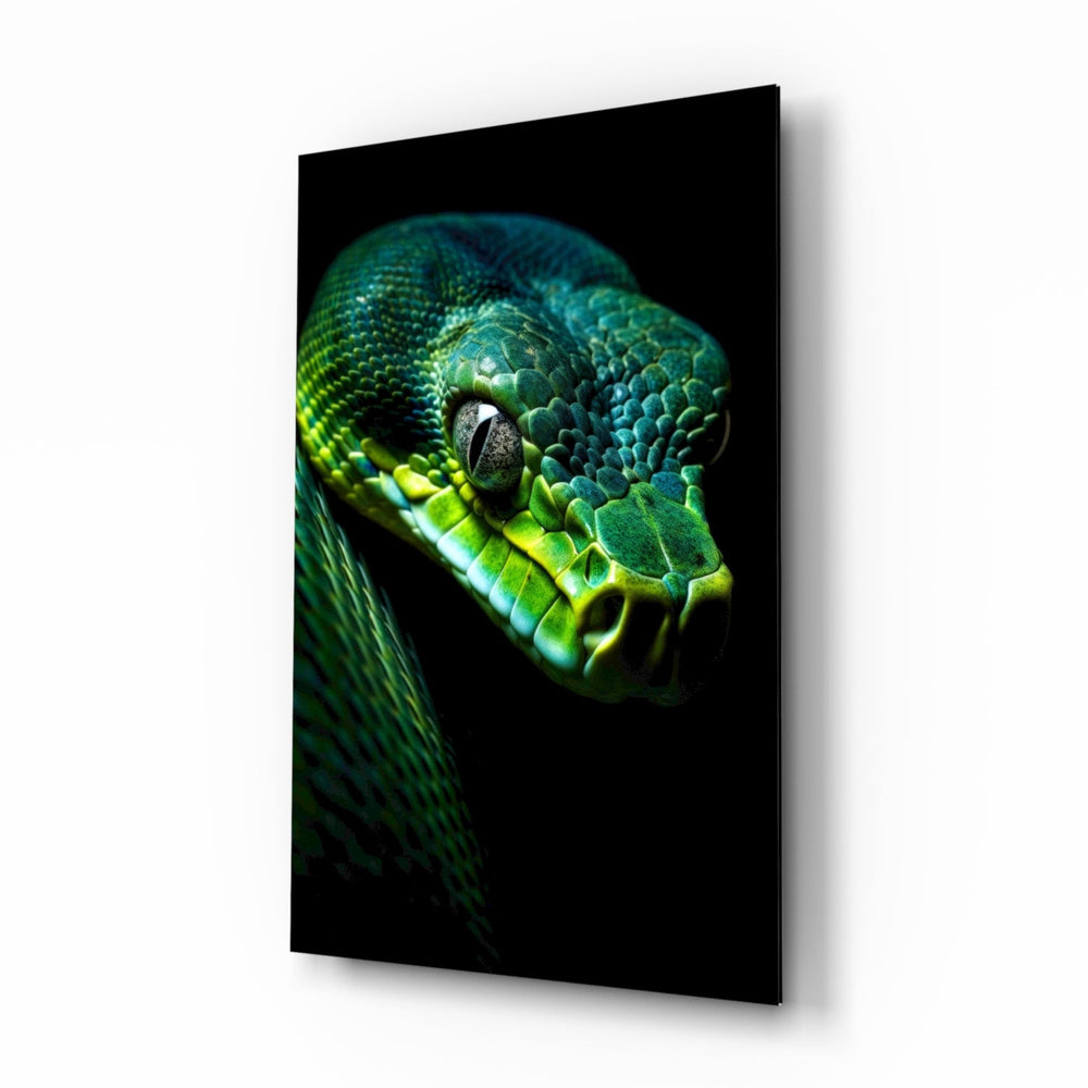 Emerald Green Viper wildlife glass wall art in a modern study