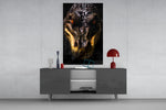 Hunter in the Eyes glass wall art catching light to reveal its armored hide