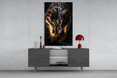 Hunter in the Eyes glass wall art catching light to reveal its armored hide