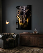 The Hunter in the Eyes Glass Wall Art || Designer Collection - Lifestyle preview in a designer interior