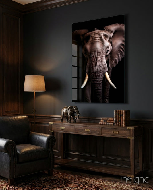 The Wise Look of the Elephant Glass Wall Art || Designer Collection - Lifestyle preview in a designer interior