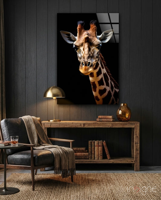 The Gentle Look of a Giraffe Glass Wall Art || Designer Collection - Lifestyle preview in a designer interior