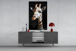 Light Giraffe glass wall art catching light to reveal its coat detail
