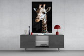 Light Giraffe glass wall art catching light to reveal its coat detail