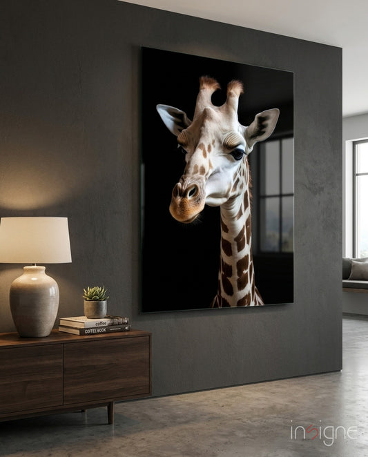Light Colored Giraffe Portrait Glass Wall Art || Designer Collection - Lifestyle preview in a designer interior