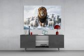 Lion and the Lambs glass wall art catching light to reveal its painted snowfall