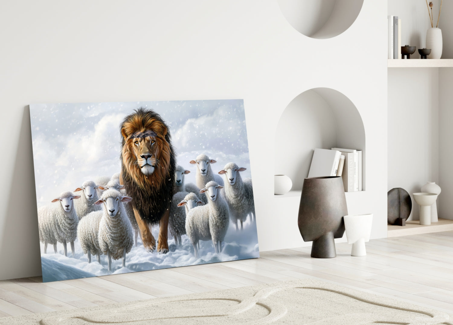 The Lion and the Lambs: Snowy Kingdom Glass Wall Art || Designer Collection