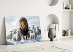 Close-up detail of the crowned lion walking with sheep behind glass