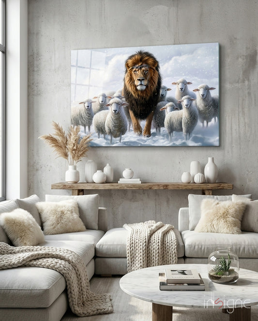 The Lion and the Lambs: Snowy Kingdom Glass Wall Art || Designer Collection - Lifestyle preview in a designer interior