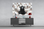 Black Sheep glass wall art catching light to reveal its photoreal wool