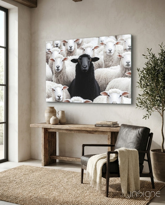 The Difference of the Black Lamb Flock Glass Wall Art || Designer Collection - Lifestyle preview in a designer interior