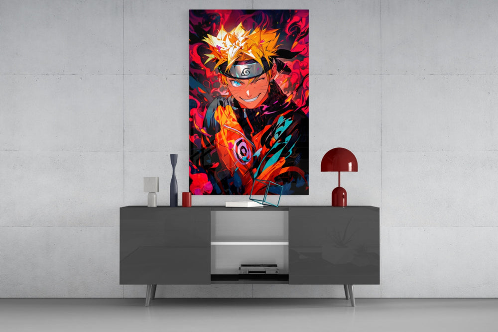 Naruto Portrait glass wall art catching light to reveal its painted chakra