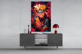 Naruto Portrait glass wall art catching light to reveal its painted chakra