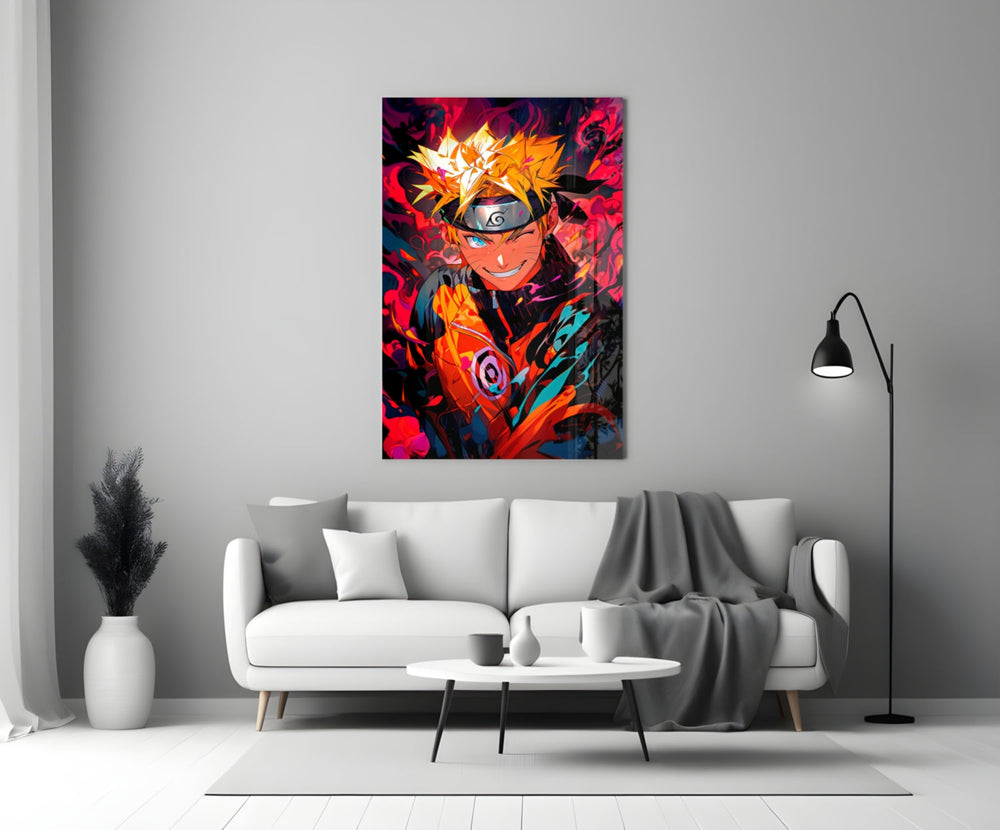 Close-up detail of Naruto and the chakra flame swirls behind glass