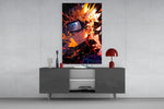 Naruto Flame glass wall art catching light to reveal its painted shards