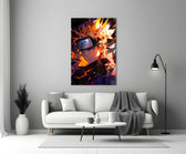Close-up detail of Naruto with chakra flame and blue eyes behind glass
