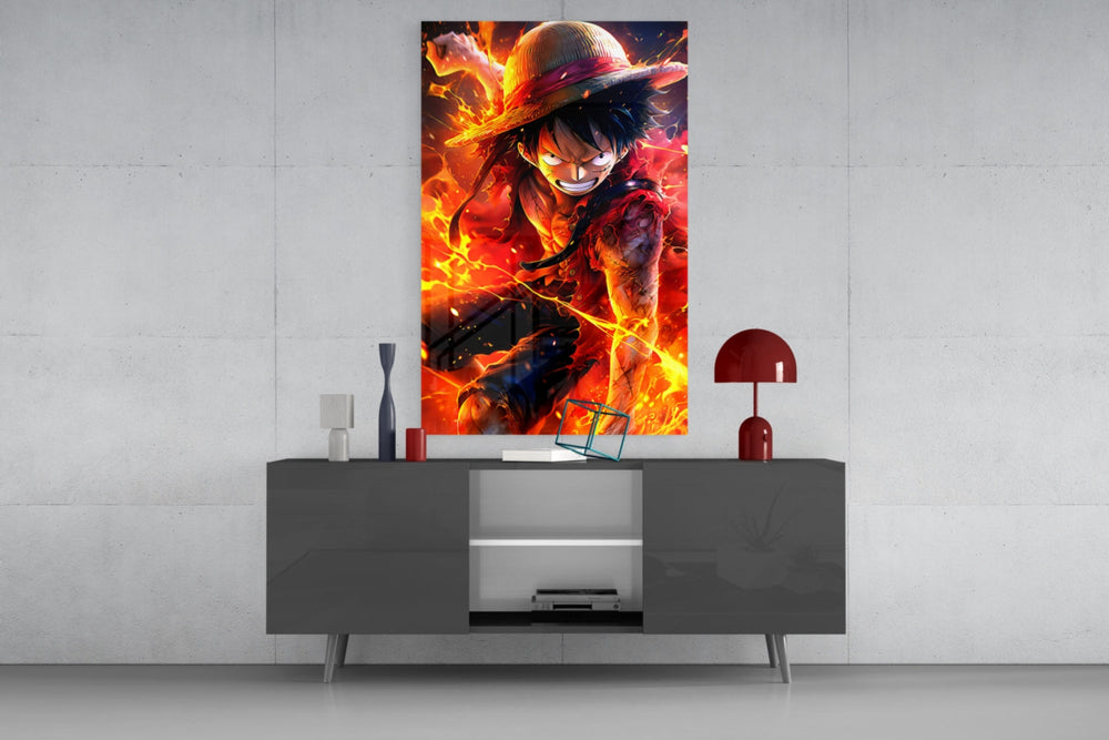 Luffy Fiery Fist glass wall art catching light to reveal its painted flame