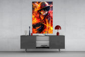 Luffy Fiery Fist glass wall art catching light to reveal its painted flame