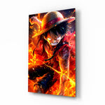 Luffy Fiery Fist anime glass wall art in a modern teen's bedroom