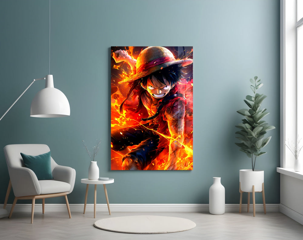 Luffy Fiery Fist artwork styled in a creative loft interior