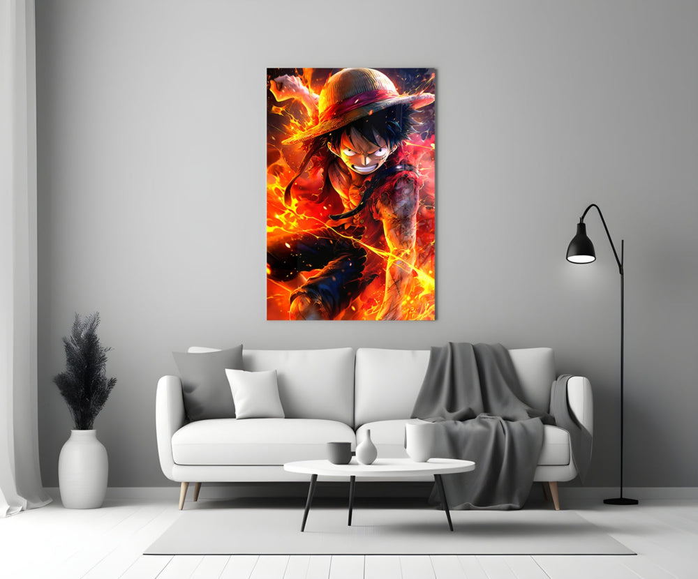 Close-up detail of Luffy in flame mode behind glass