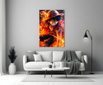 Close-up detail of Luffy in flame mode behind glass