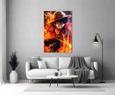 Close-up detail of Luffy in flame mode behind glass