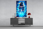 Luffy Blue Lightning glass wall art catching light to reveal its painted bolts