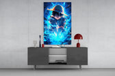 Luffy Blue Lightning glass wall art catching light to reveal its painted bolts