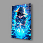 Designer-collection anime panel anchoring a gaming room wall