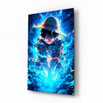 Luffy Blue Lightning anime glass wall art in a modern teen's bedroom