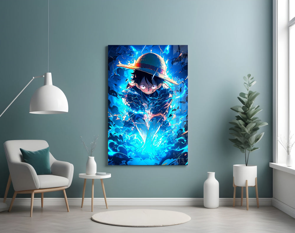 Luffy Blue Lightning artwork styled in a creative loft interior