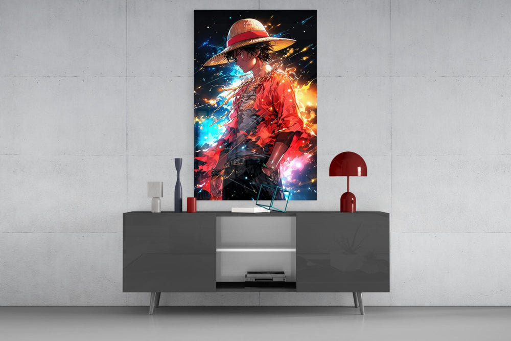 Luffy Mysterious Power glass wall art catching light to reveal its cosmic streaks