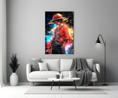 Close-up detail of Luffy in cosmic energy behind glass