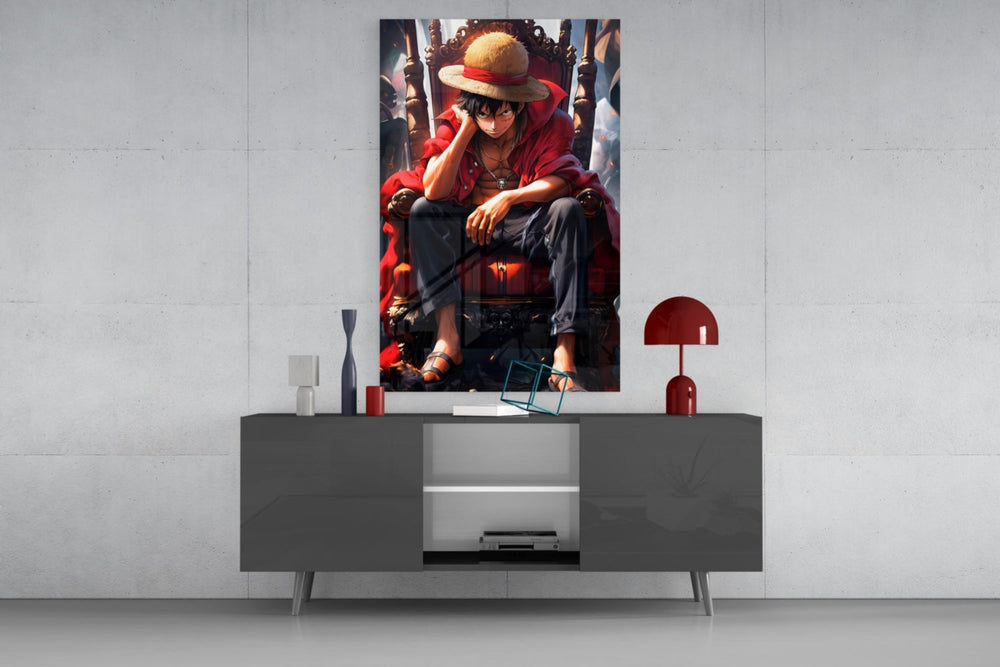 Luffy Throne glass wall art catching light to reveal its cinematic shadow