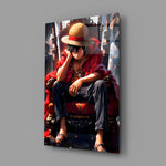 Designer-collection anime panel anchoring a gaming room wall