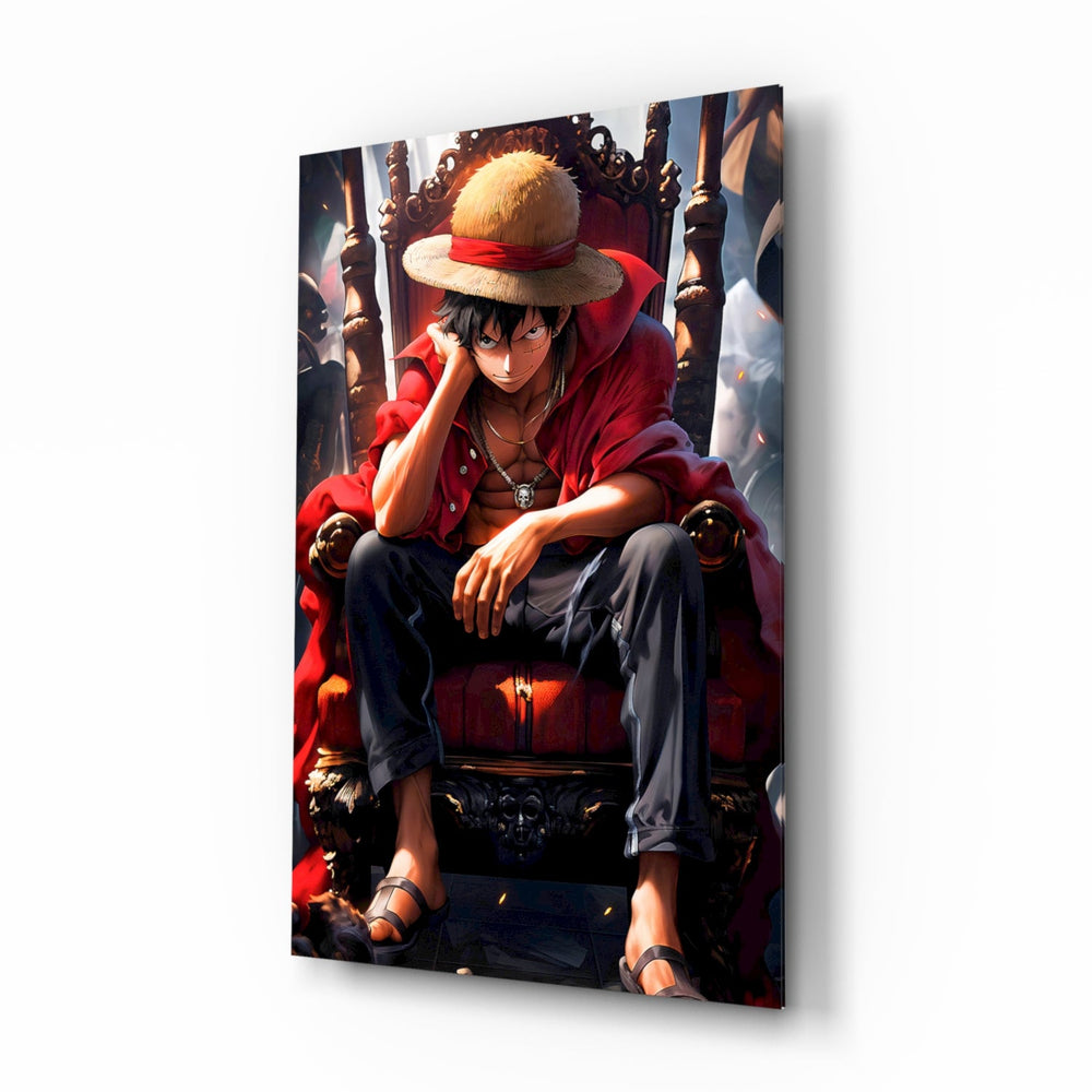 Luffy on the Throne anime glass wall art in a modern teen's bedroom