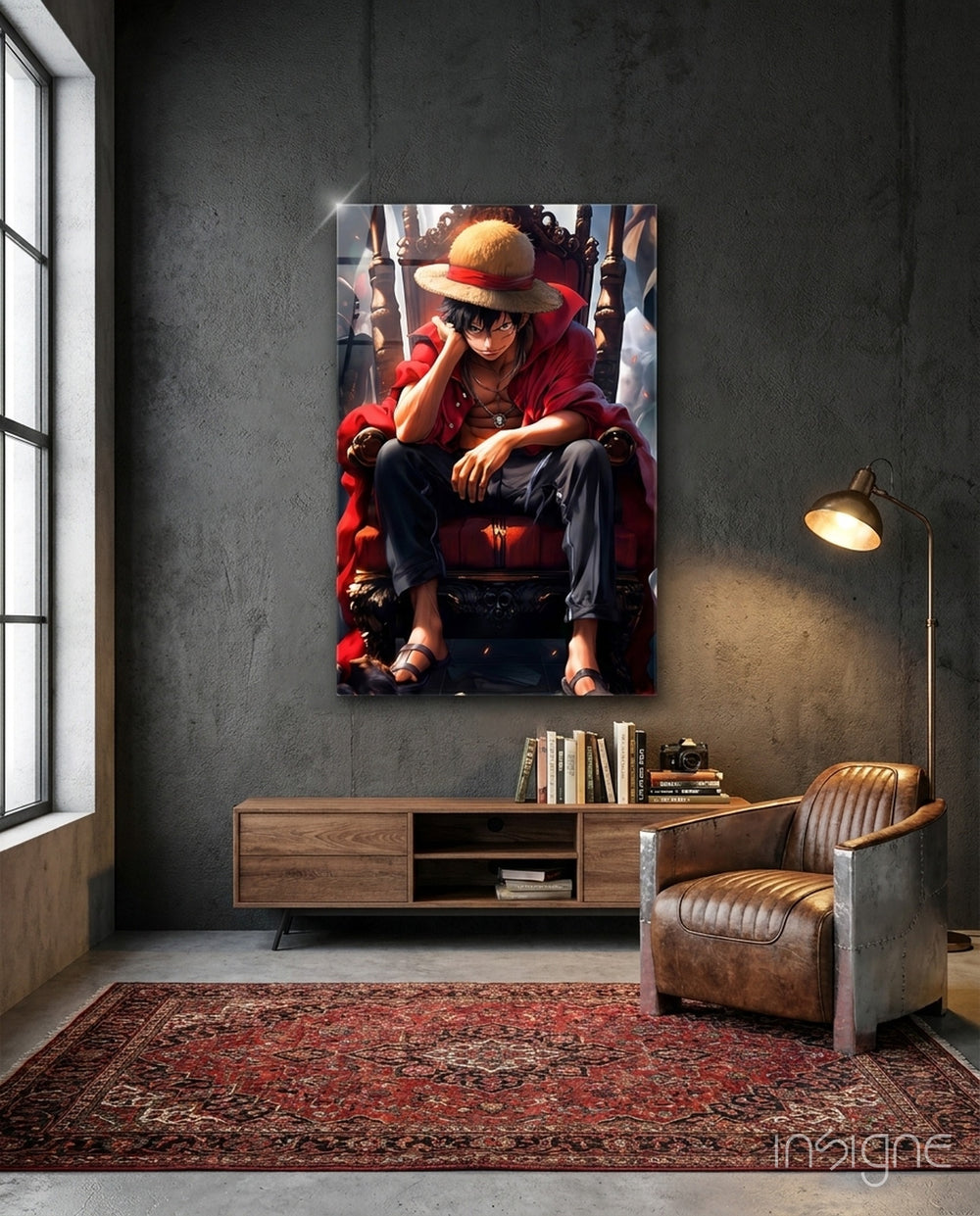 Luffy on the throne Glass Wall Art || Designer Collection - Lifestyle preview in a designer interior