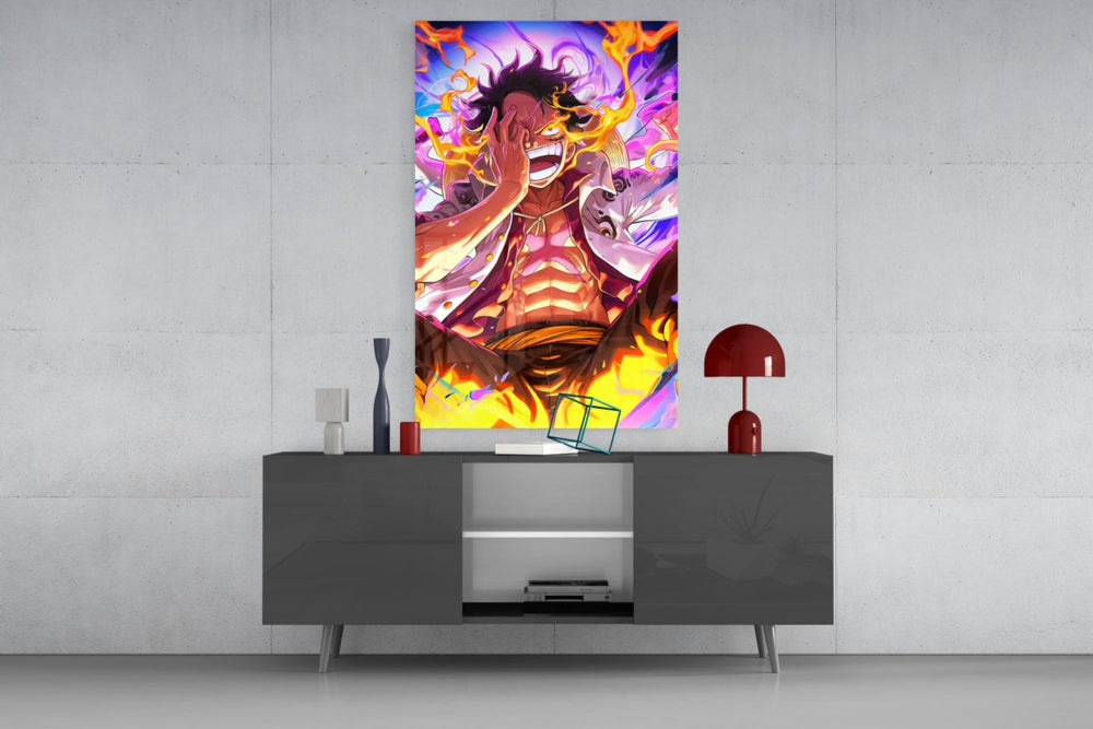 Luffy Flame of Joy glass wall art catching light to reveal its painted streamers