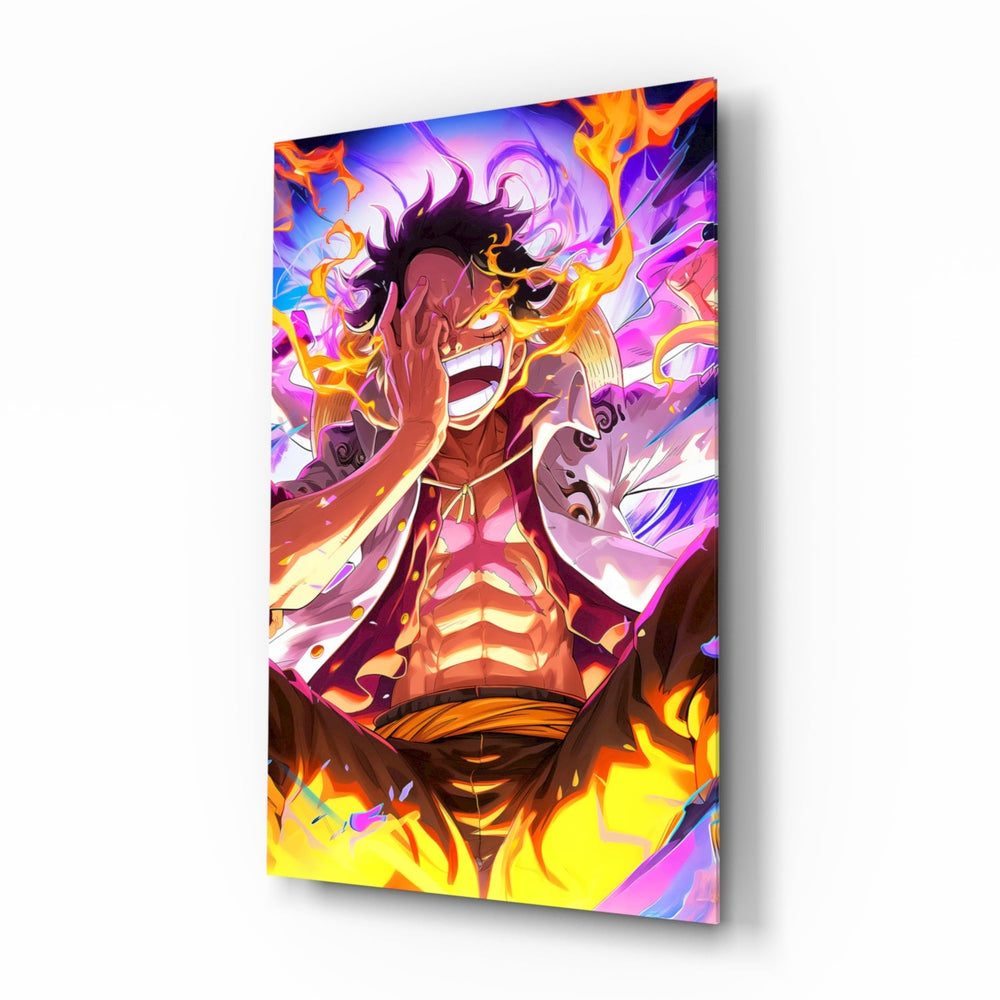 Luffy Flame of Joy anime glass wall art in a modern teen's bedroom