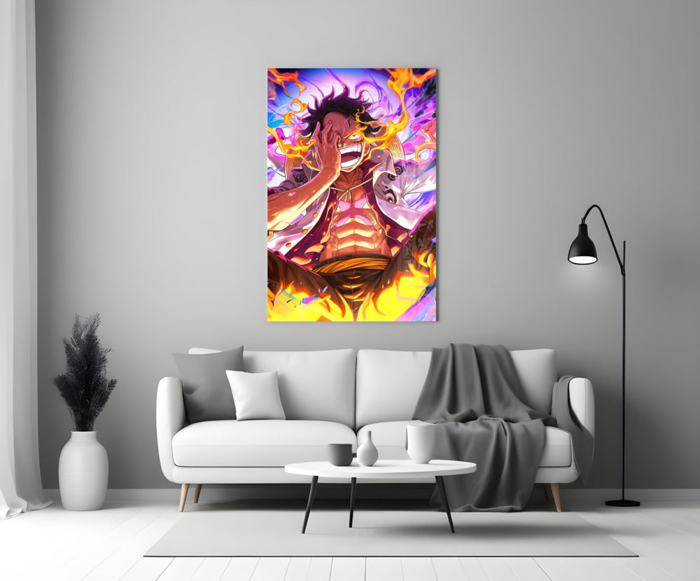 Close-up detail of Luffy laughing in painted flame behind glass