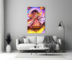 Close-up detail of Luffy laughing in painted flame behind glass